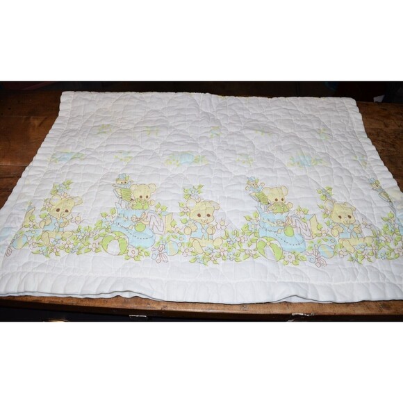 Vtg Baby Blanket Crib Quilted  42x32 Teddy Bears Satin trim Blocks beach balls - Picture 1 of 11
